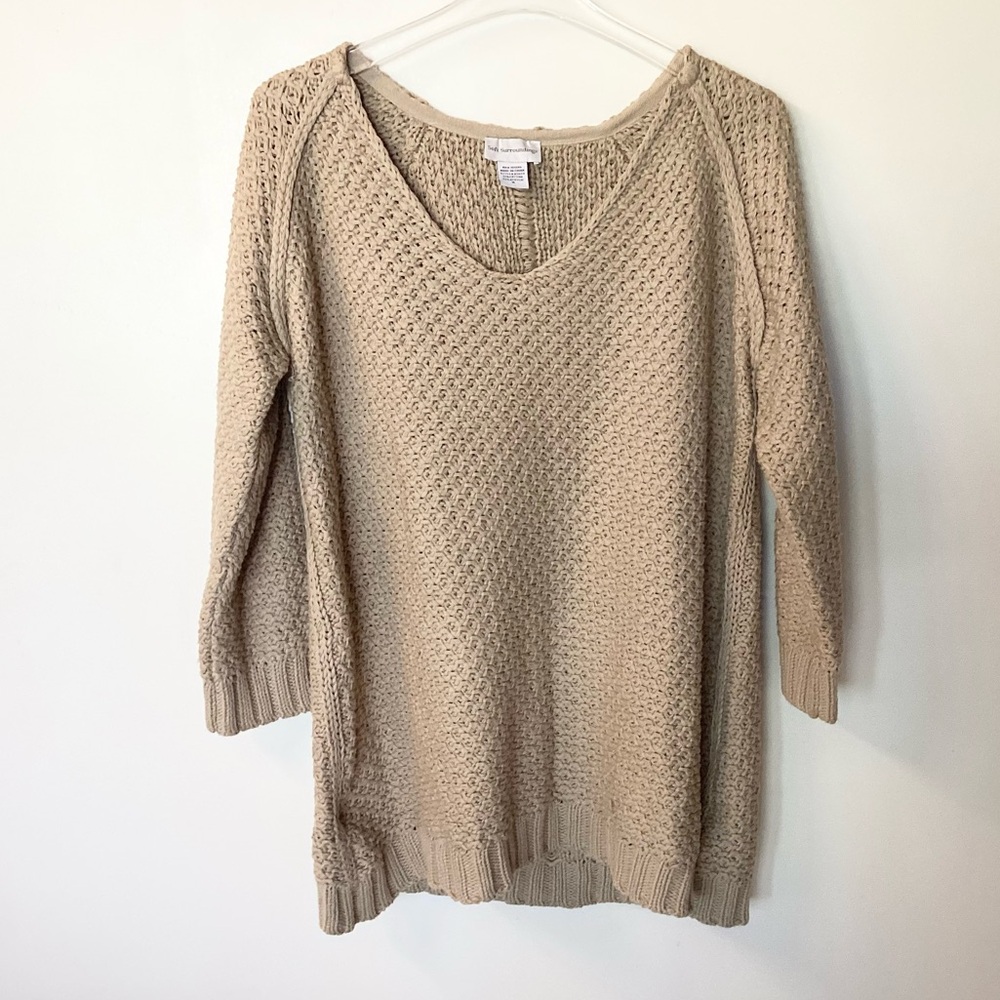 Soft Surroundings V-Neck Woven Textured Pullover Sweater - Tan - M